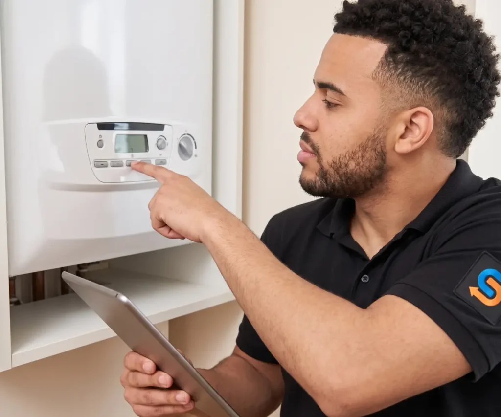 LS1 Plumbing Boiler Engineer Servicing A Boiler In Yorkshire